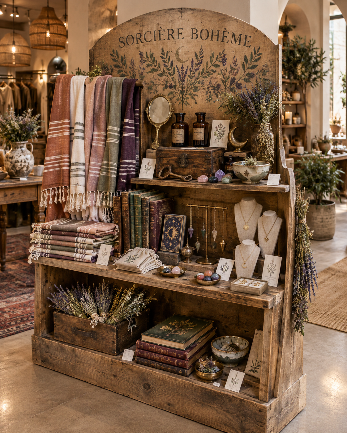Présentoir Sorcière Bohème pensé pour un pop-up store ou un corner store